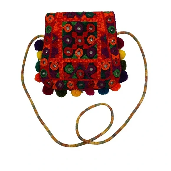 Embroidered Mini Bag Pom Pom Multicolored Shoulder Bag - Picture 7 of 10